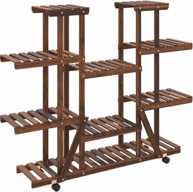 Berkfield Home Retro Wooden Flower Stand with Wheels in Brown, W/D/H: 110 x 25 x 115 cm