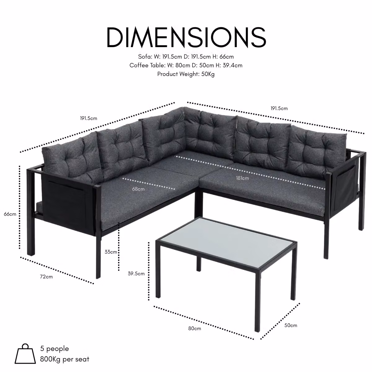 Home Detail Tara Black L-Shape Garden Sofa Set with Grey Cushions, W/D/H: 191.5 x 191.5 x 66 cm – 2