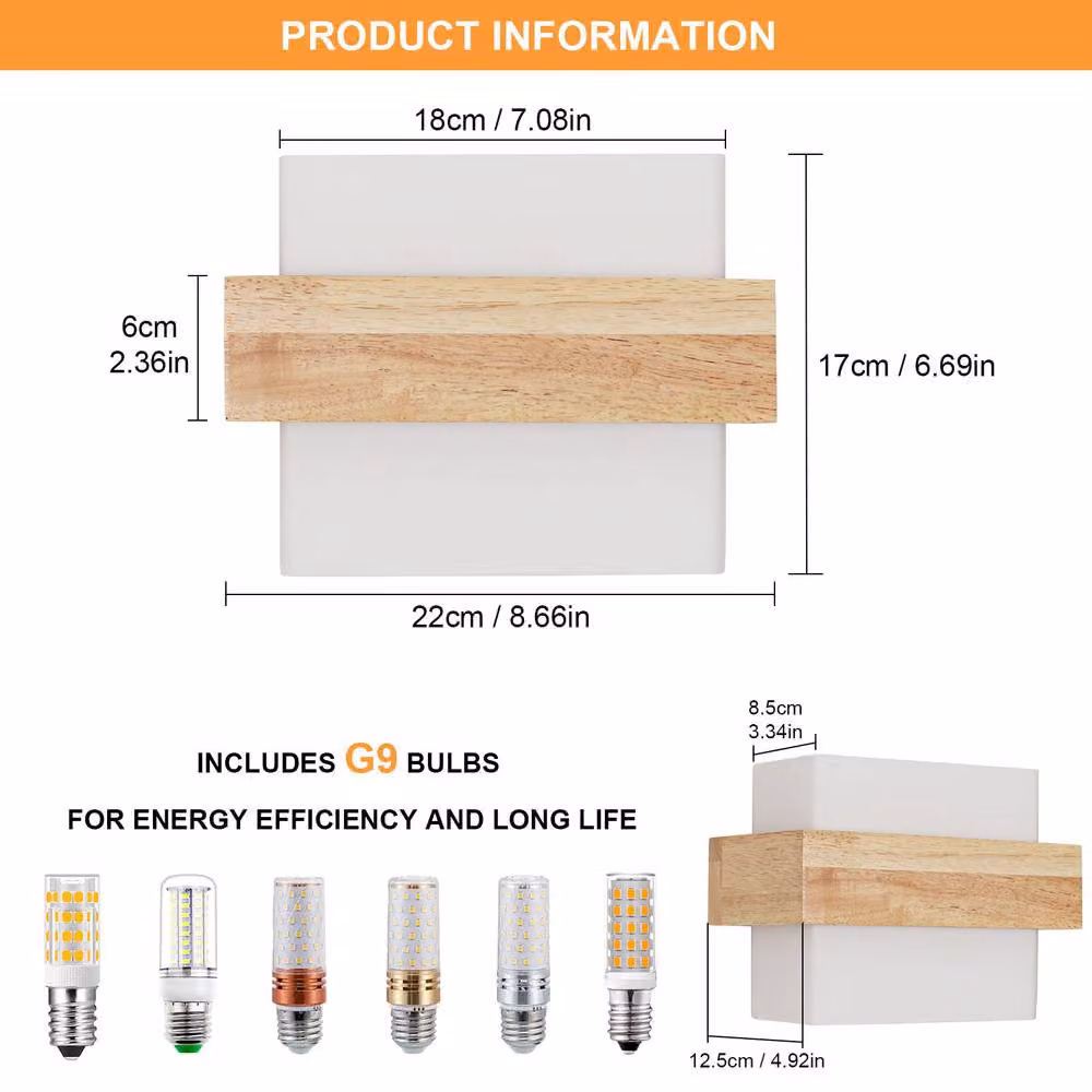 Pheashine Square Wooden LED Wall Light, 12W Scandinavian Style, Brown/Wood with E27 Bulb, H 22 cm x W 17 cm x D 17 cm – 2