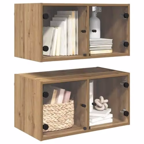 vidaXL Set of 2 Modern Wall Mounted Cabinets with Glass Doors in Brown, W/D/H: 68 x 35 x 35 cm