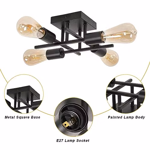 Goeco Sputnik Chandelier, Black Metal Industrial Ceiling Light with 4 x E27 Lampholders and Square Base – 3