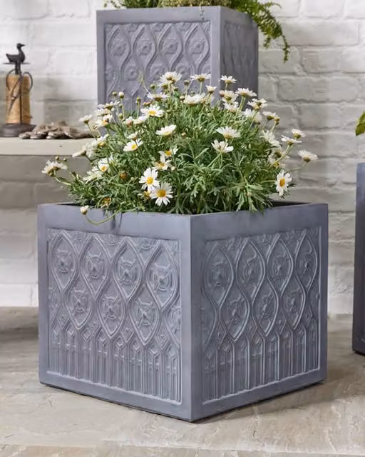 Dibor Grey Medium Embossed Fibreclay Outdoor Garden Planter Pot W: 40.0 cm, D: 35.5 cm, H: 40.0 cm – 1