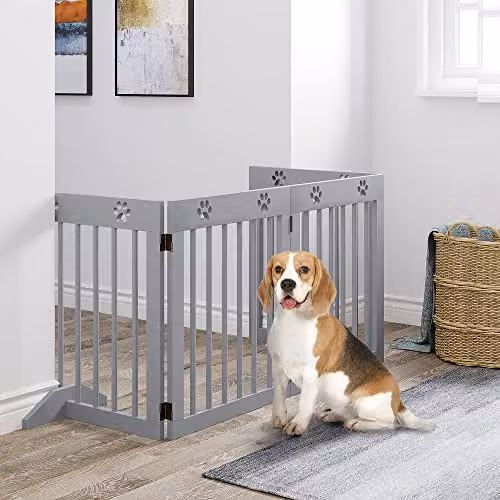 PawHut 4-Panel Wooden Freestanding Pet Gate and Folding Dog Barrier in Light Grey, H 61 cm x W 204 cm – 2