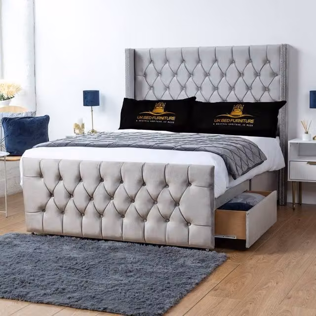 UK Bed Furniture Emily Silver Velvet Wingback Divan Bed with 2 Foot End Drawers and 54 Inch Headboard, Size: Double (140 x 200 cm)