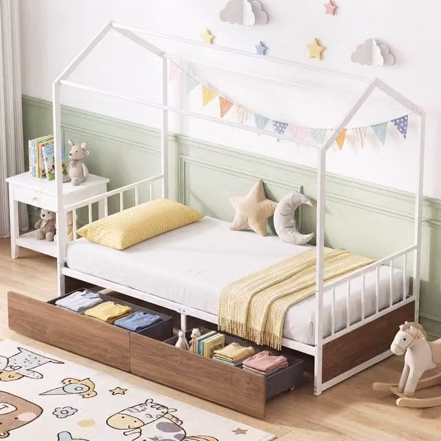 Costway Single Size Metal Platform Bed Frame with 2 Drawers, Headboard and Footboard in White – 1