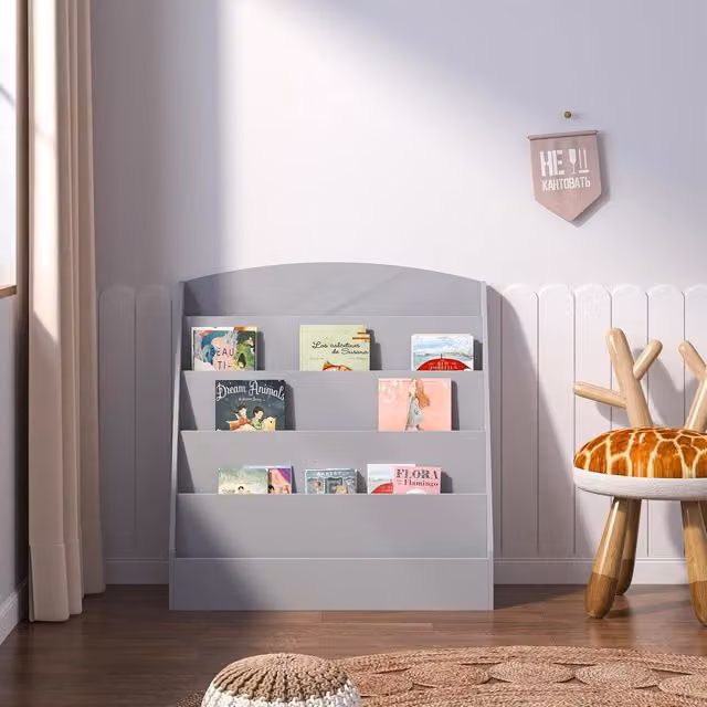 Xample 5 Tier Kids Bookshelf with Grey Fabric Sling Storage