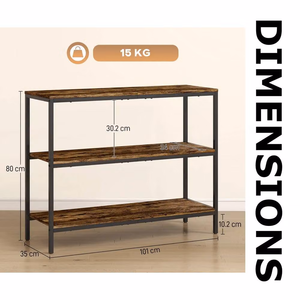 FURNOS 3 Tier Industrial Console Table in Brown and Black, W/D/H: 101 x 35 x 80 cm – 7