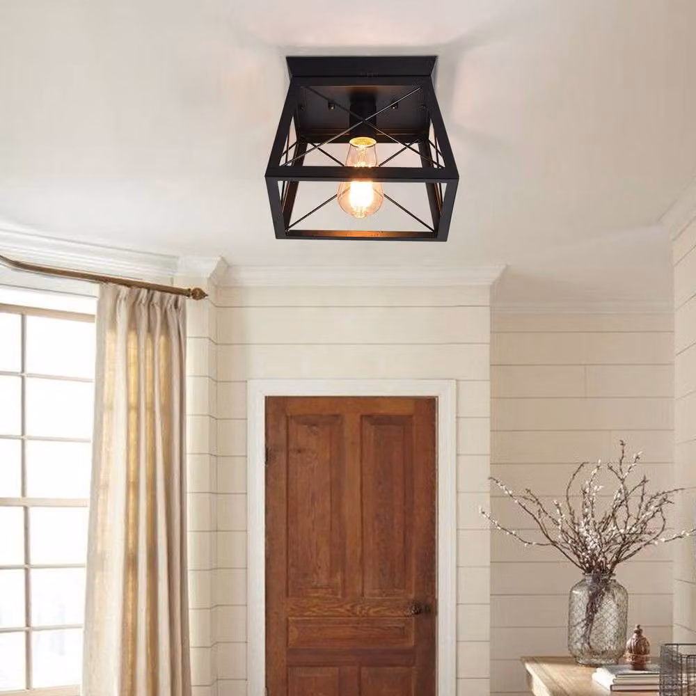 NIVOR Square Black Metal Cage Farmhouse Flush Mount Ceiling Light – 6