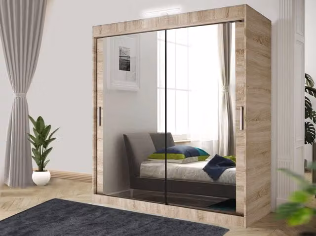 RAC3 Modern Sliding Mirror Wardrobe with LED Lighting and Integrated Drawers in Light Oak, Width: 203 cm