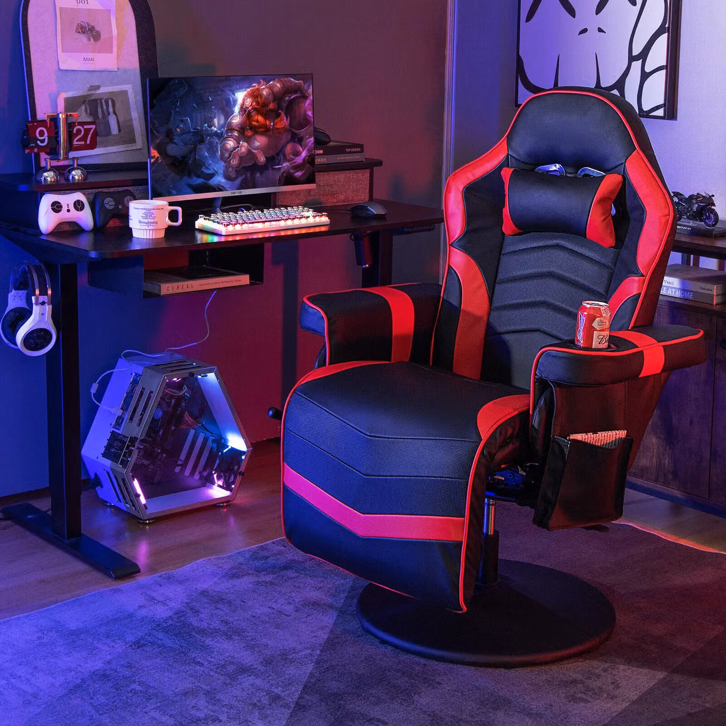 Gymax Red Massage Swivel Gaming Recliner Chair with Adjustable Height and Armrests – 3