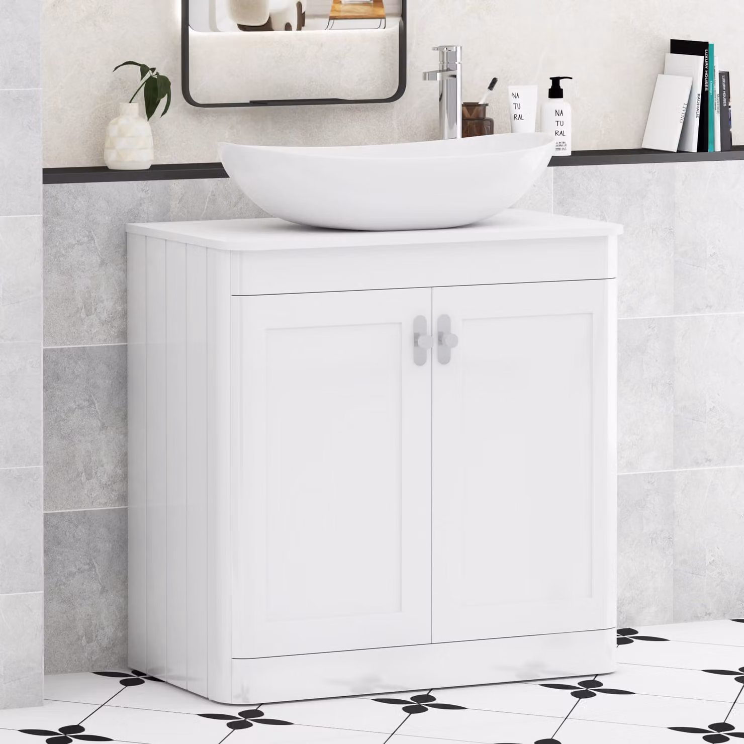 Royal Bathrooms Henley 800mm Gloss White Floor Standing 2 Door Vanity Unit with Cesar Basin and Chrome Knob