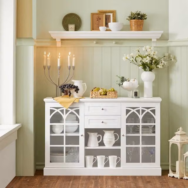 SoBuy White Farmhouse Credenza with Glass Doors and Soft-Close Drawers – 1