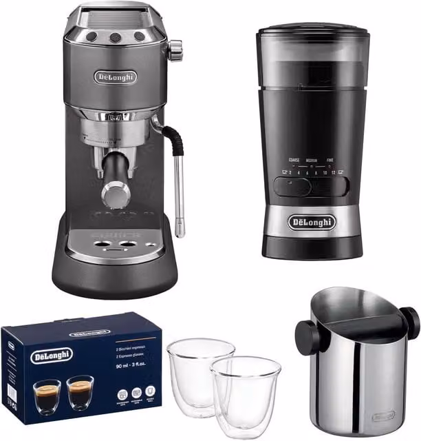 De'Longhi Dedica Arte Coffee Machine with Steam Wand, Knock Box, Grinder and Latte Glasses, Grey