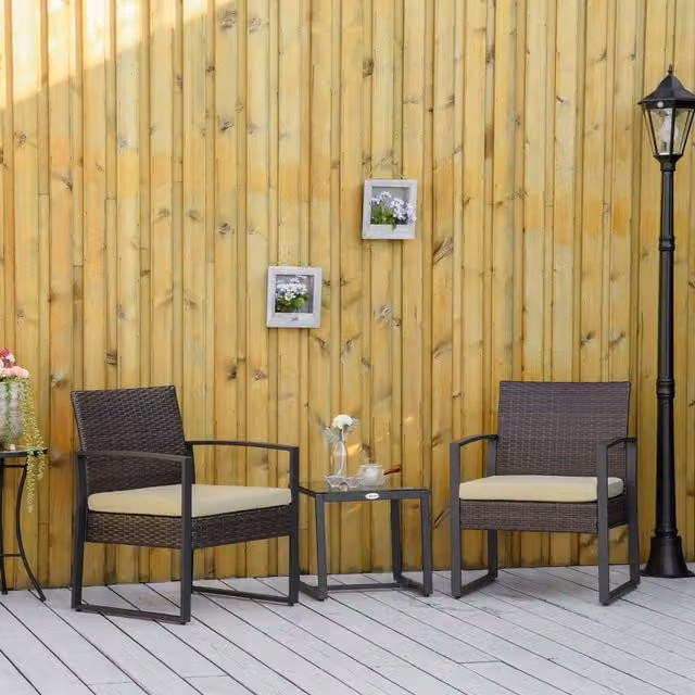 Outsunny 3 Piece Modern Polyrattan Bistro Dining Set with Glass Table in Brown and Beige