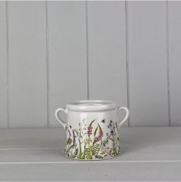KDMD White and Multicolour Ceramic Round Tabletop Pot with Floral Meadow Design