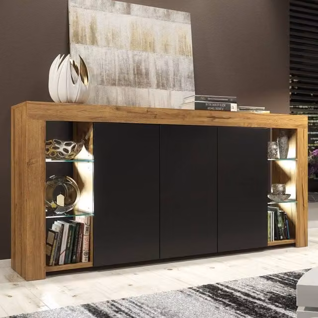 Mex Furniture LTD Eden Sideboard in Dark Oak and Black Matt with Integrated LED Lights, W: 164 cm, H: 83 cm, D: 35 cm