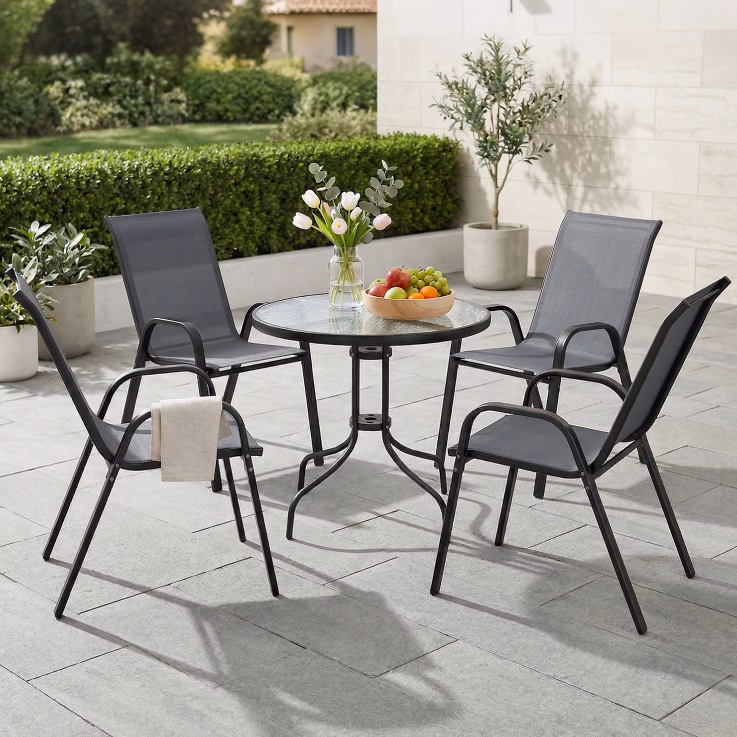 Outsunny 5 Piece Steel Patio Dining Set with Glass Top Round Table and 4 Chairs in Dark Grey – 7