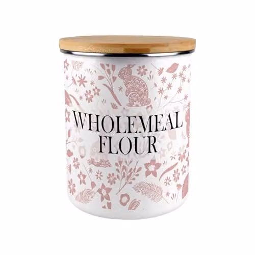 Purely Home Pink Rabbits Extra-Large Enamel Flour Canister with Airtight Bamboo Lid – 1