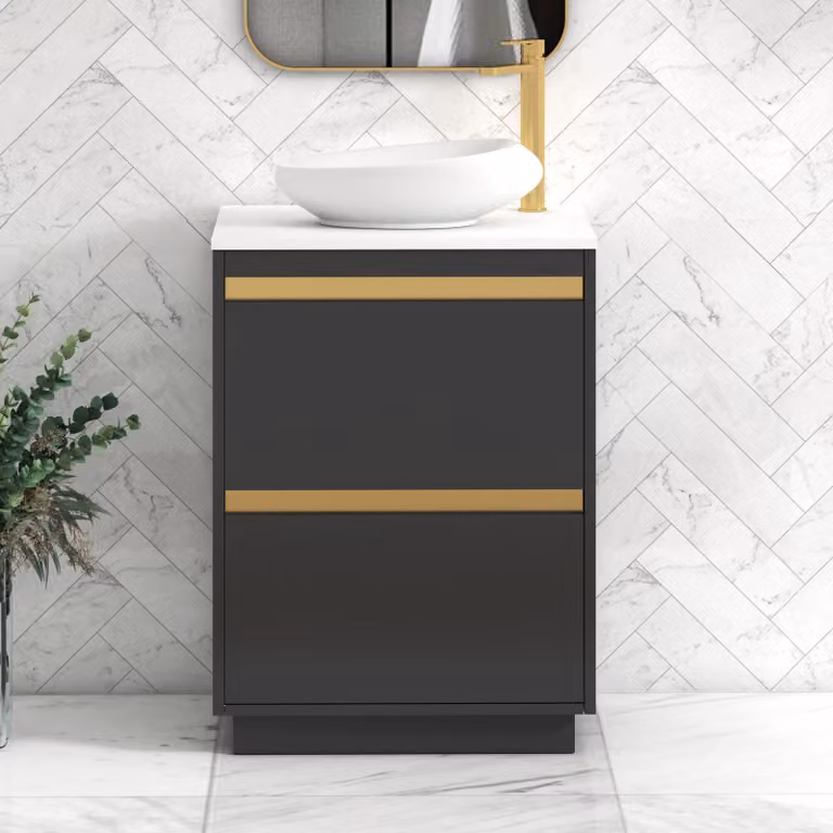 Royal Bathrooms Orion 600mm Matt Obsidian Black Floor Standing 2 Drawer Vanity Unit with White Countertop, Nova Basin and Brushed Brass Accent Trim