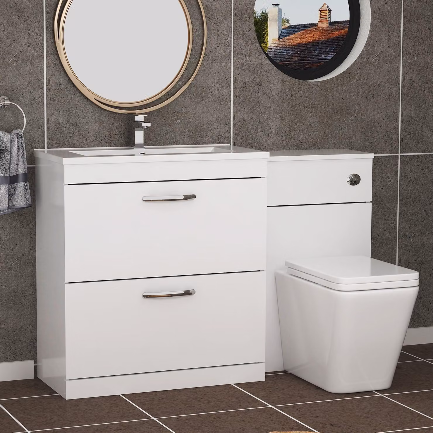 Royal Bathrooms Turin Gloss White Minimalist Floor Standing Bathroom Furniture Pack with 2-Drawer Unit and Slim Elena Toilet