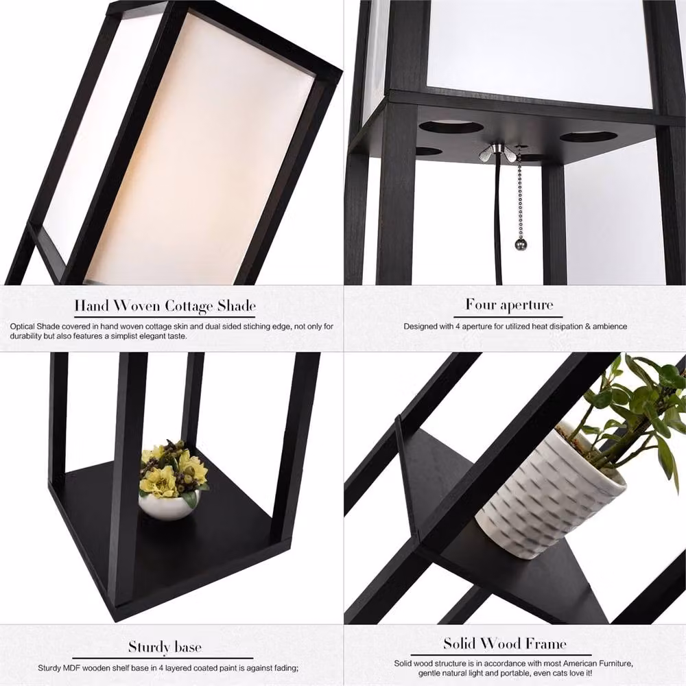 Havendro Black Wood Floor Lamp with 3-Tier Storage Shelf, Height: 160 cm – 2