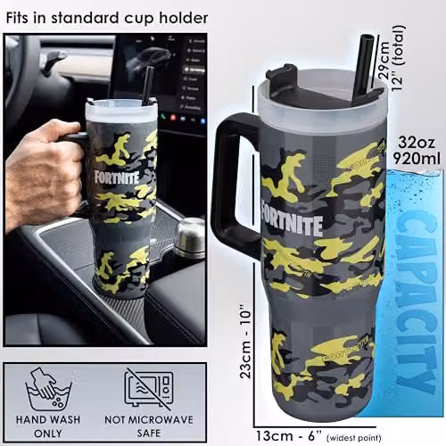 Get Trend Fortnite Insulated Stainless Steel Tumbler with Straw and Handle, 920ml, Multicolour – 5