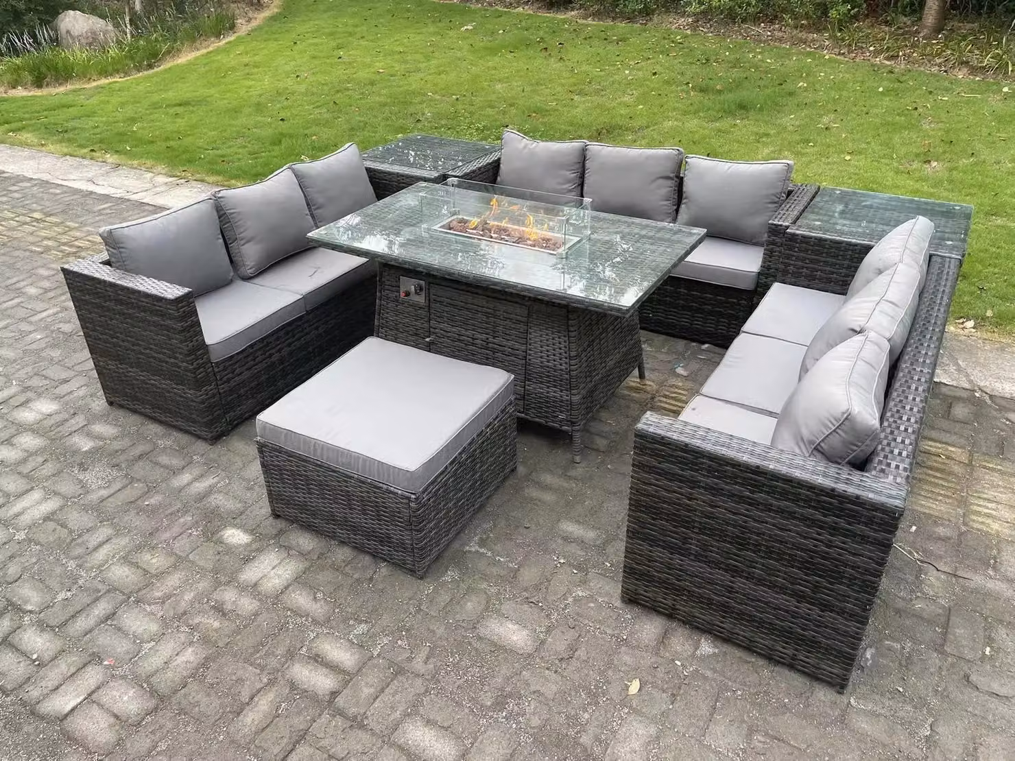 Fimous 10 Seater Rattan Outdoor Furniture Set with Gas Fire Pit Table and Stools in Dark Grey – 2