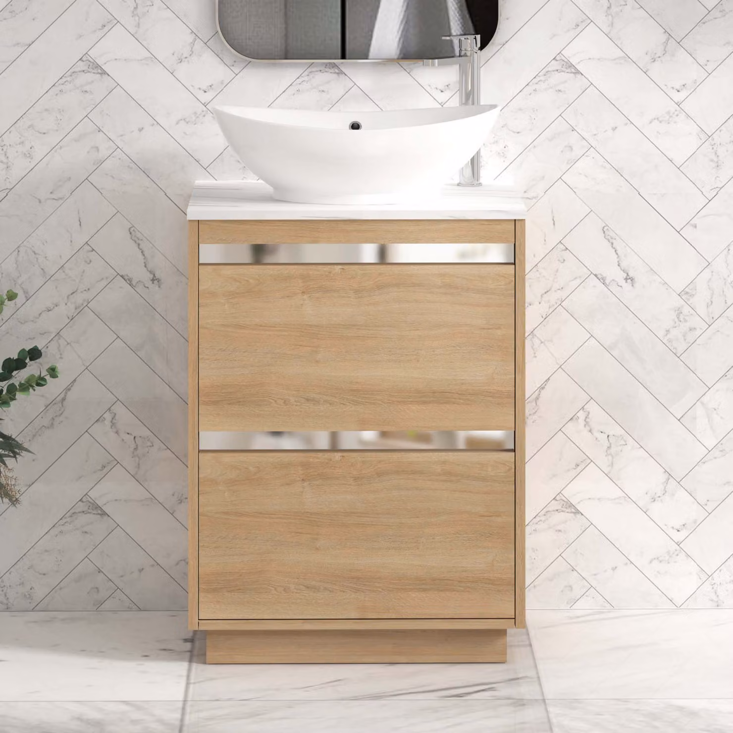 Royal Bathrooms Orion 600mm Natural Oak Floor Standing Countertop Vanity Unit with Amaze Basin and Chrome Accent Trim