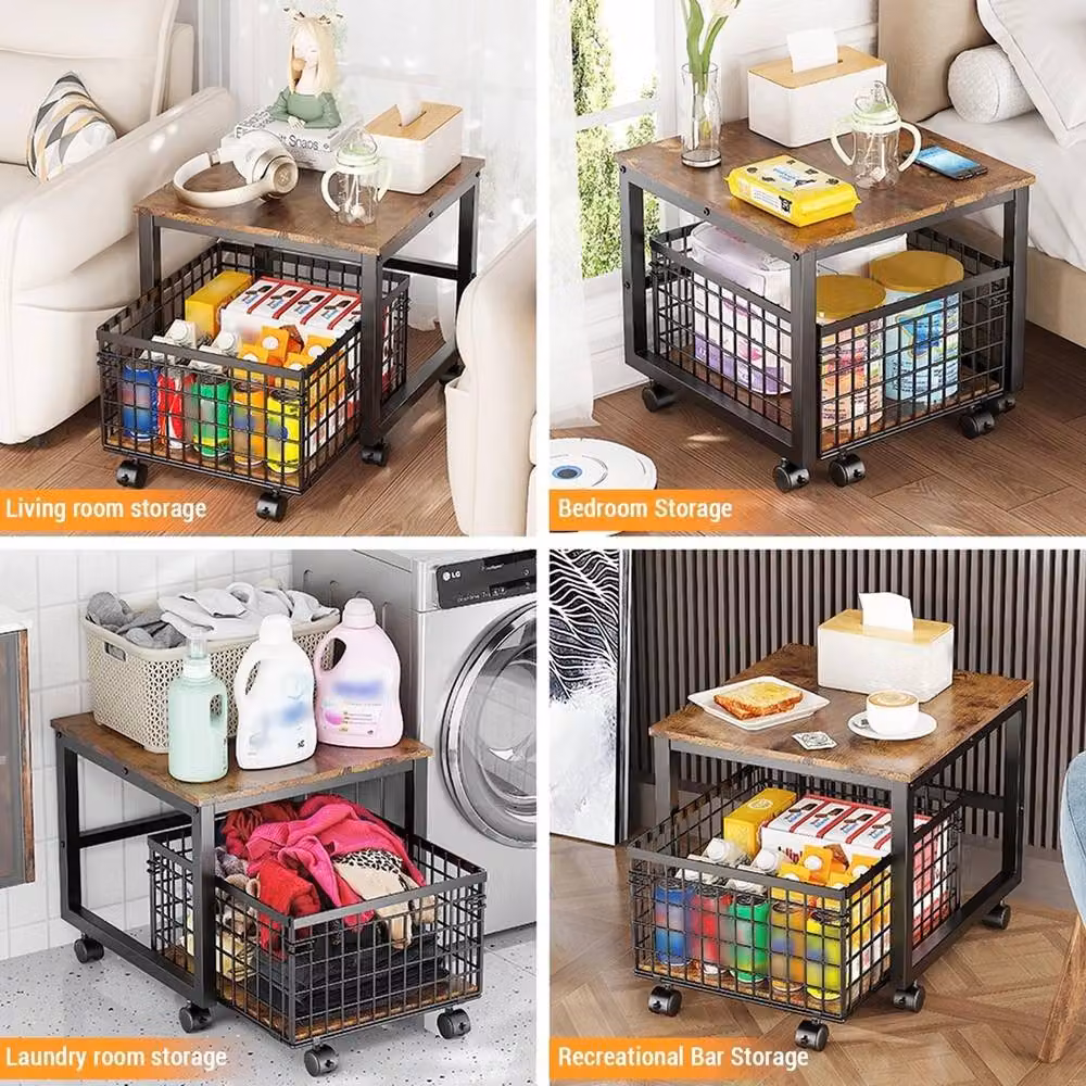 VOGREX Heavy Duty Wooden Mini Fridge Stand with Rolling Storage Basket in Brown – 4