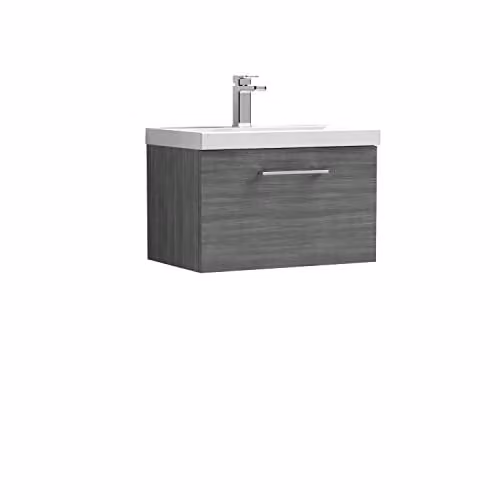 Balterley Wall Hung Single Drawer Vanity Unit with Thin Edge Basin in Woodgrain Anthracite, W: 61.0 cm, D: 39.0 cm, H: 39.9 cm