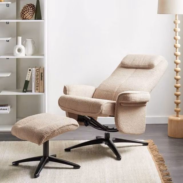 Wyld and Coco Beige Bouclé Recliner Armchair with 360 Degree Swivel Base and Ottoman – 1