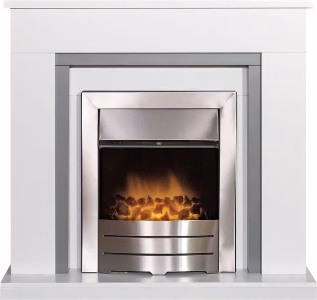 Adam Fires & Fireplaces Milan Fireplace in Pure White and Grey with Colorado Electric Fire in Brushed Steel, 39 Inch