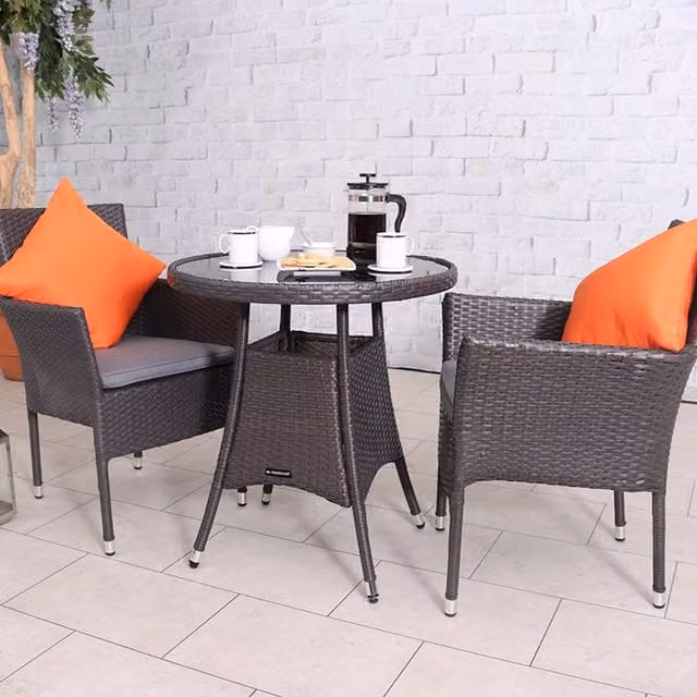 Royalcraft Malaga 3 Piece Round Bistro Set in Grey Rattan and Metal with Glass Top