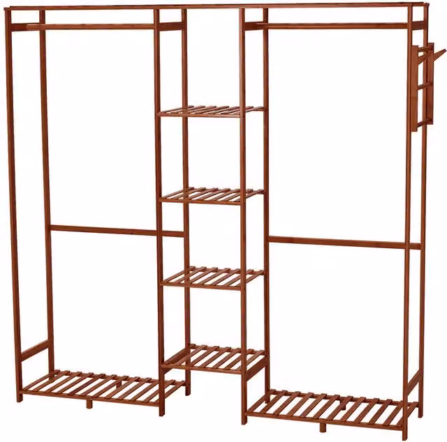 Lifeideas 6-Tier Wooden Clothes Rack with Hooks in Brown