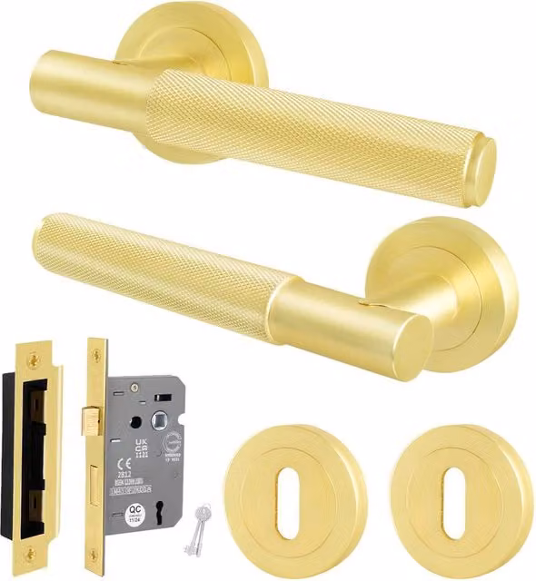 AFIT Satin Brass Round Rose Door Handle with Key Lock in Gold – 1