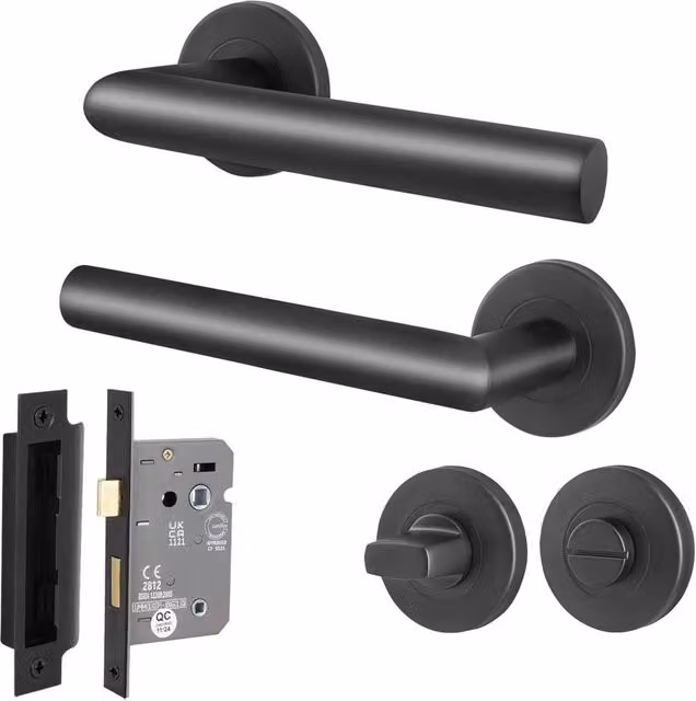 AFIT Matt Black Stainless Steel Bathroom Lock Lever on Rose Door Handles Kit, W/D/H: 15 x 15 x 6.4 cm