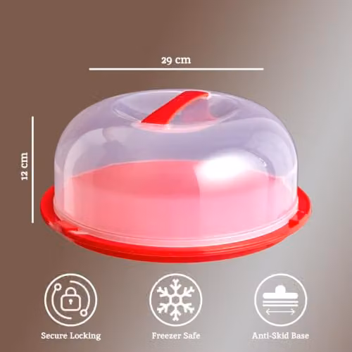 Orsina Round Cake Carrier with Handle and Lid in Red and Transparent Plastic with Leakproof Screw Lock – 3