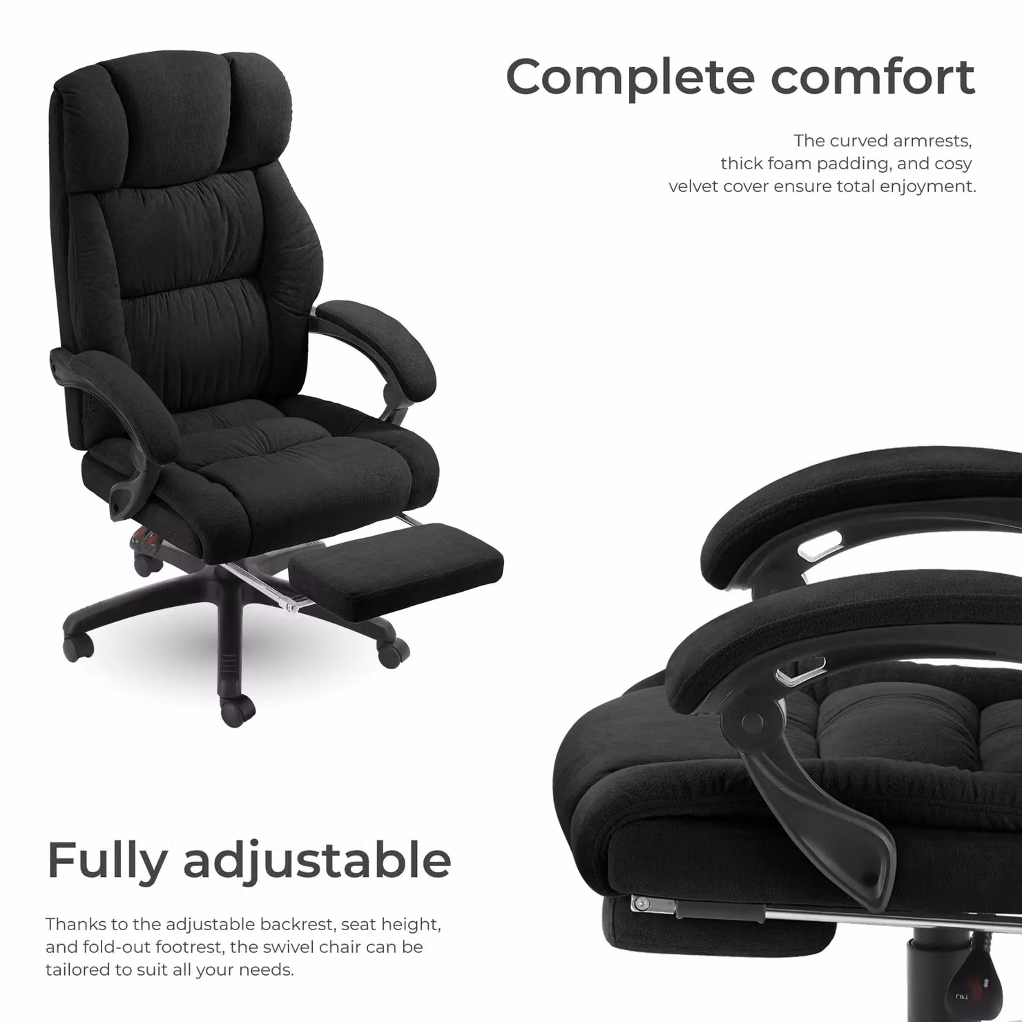 tectake Gillian Modern Black Velvet Swivel Gaming and Office Chair with Headrest and Armrests – 3