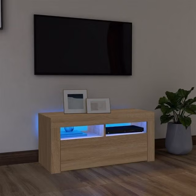 Berkfield Home Modern Sonoma Oak TV Cabinet with Integrated LED Lights in Brown, W/D/H: 90 x 35 x 40 cm