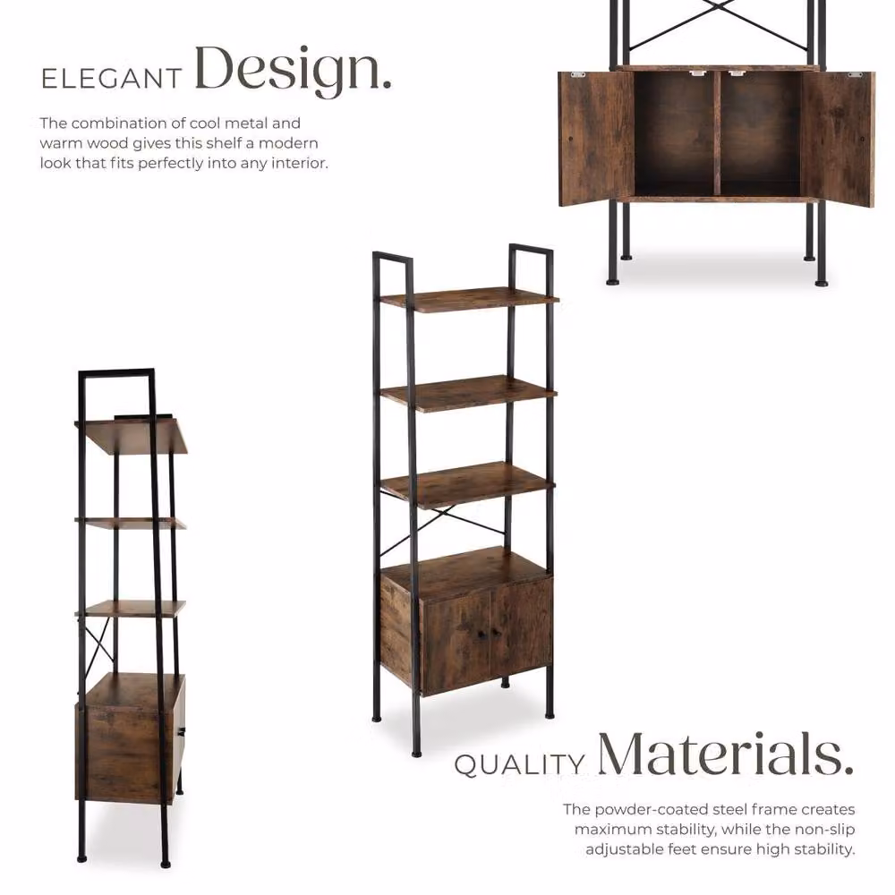 tectake Brentwood Industrial Style Ladder Shelf with 4 Levels and 2 Cupboards in Brown and Black – 4