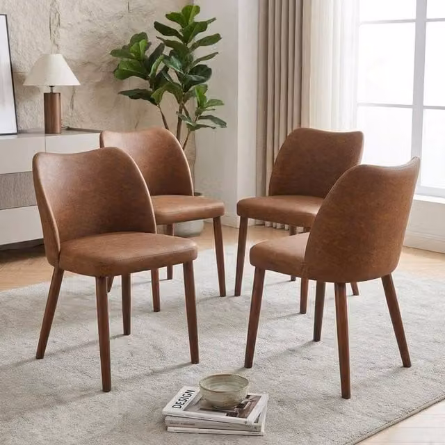 London Boutique Set of 4 Modern Upholstered Dining Chairs in Brown Synthetic Leather – 1
