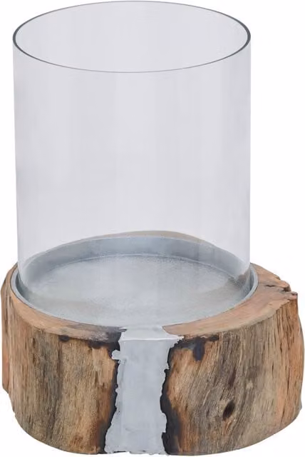 Orsina Rustic Round Pillar Candle Holder in Brown, Silver and Transparent Glass and Wood