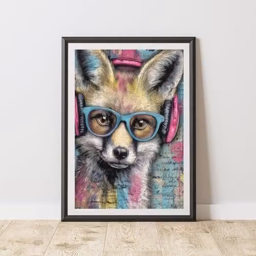 60 Second Makeover Fox Headphones Graffiti Print Urban Street Art Poster, Multicolour, A3