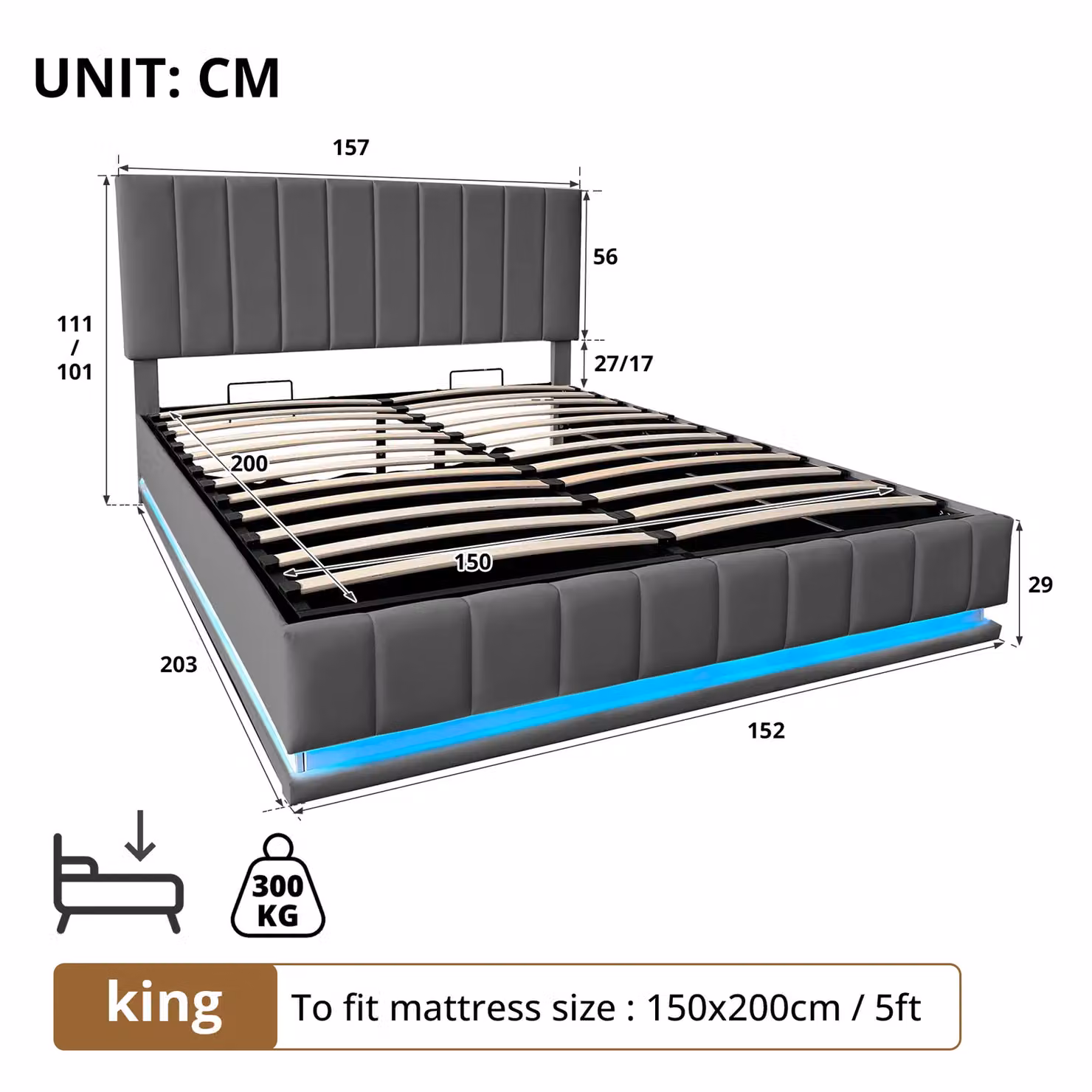 AKA Grey PU Leather Upholstered King Size Ottoman Bed with LED Under-Bed Lighting and Hydraulic Storage W/D/H: 180 x 200 cm – 3
