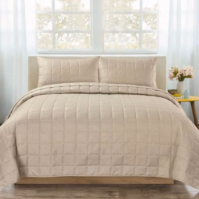 Velosso Nolan Plain Quilted Bedspread Set in Beige, Double Size