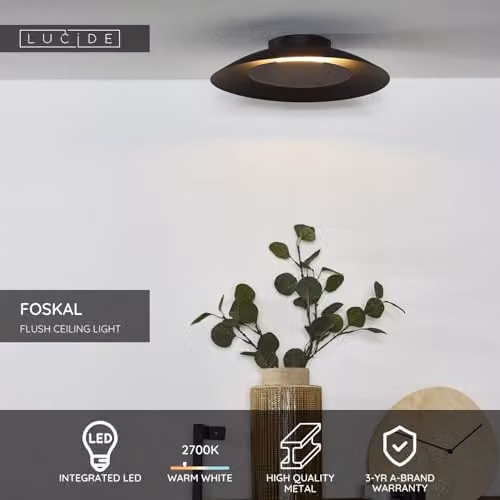 Lucide Foskal Modern LED Flush Ceiling Light, Black, Diameter: 34.5 cm – 3