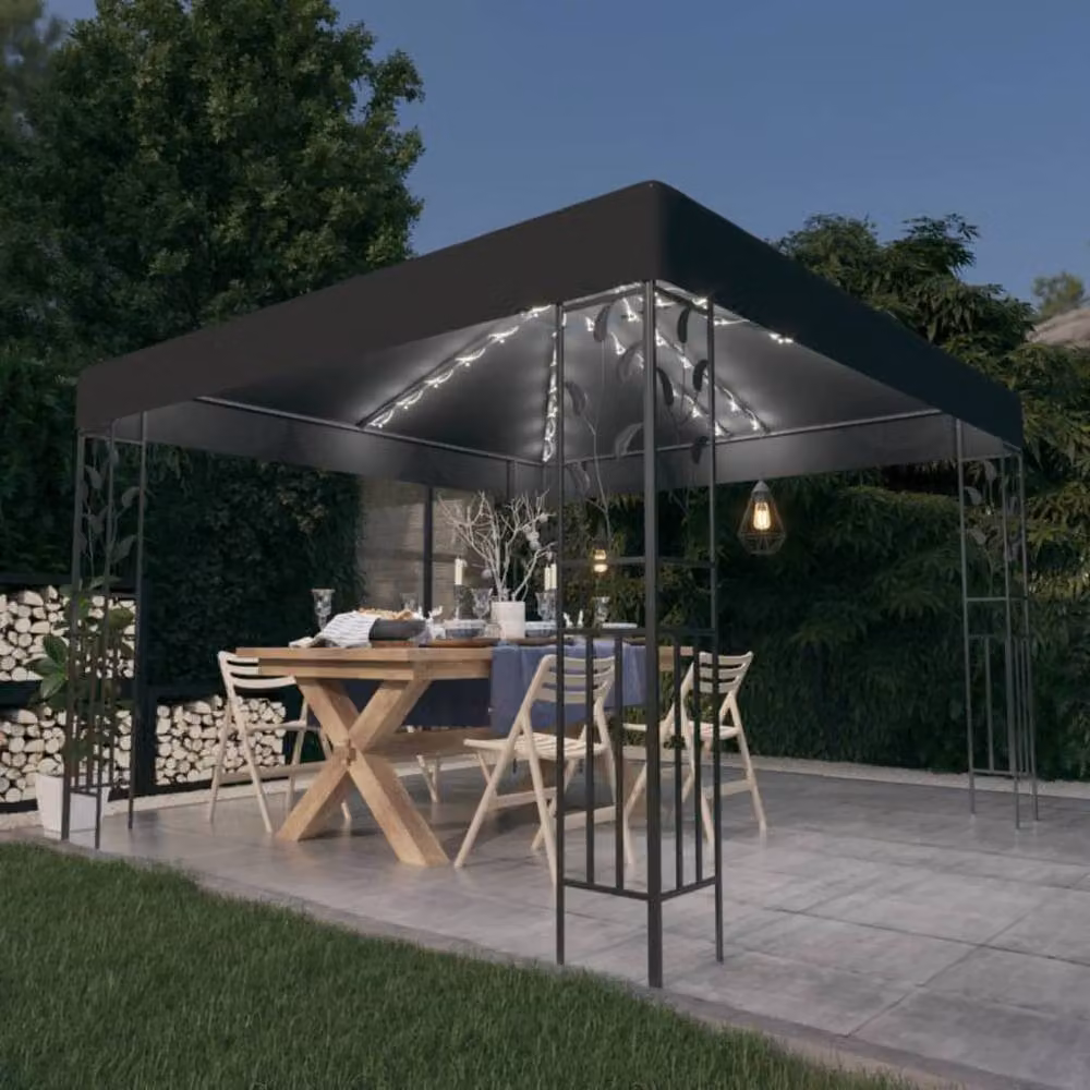 Berkfield Home Gazebo with LED String Lights, Anthracite, W/D/H: 3 x 3 x 2.5 m – 2
