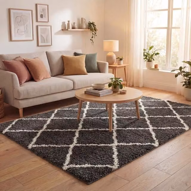 THE RUGS Moroccan Soft High Pile Shaggy Lattice Rug, Dark Grey, W: 160 cm, D: 230 cm