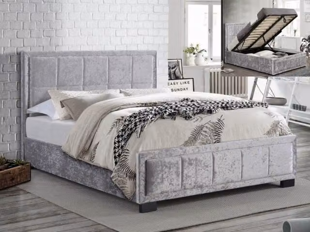 Birlea Hannover Small Double Ottoman Bed Frame in Grey Crushed Velvet Glitz Fabric with Lift Up Base