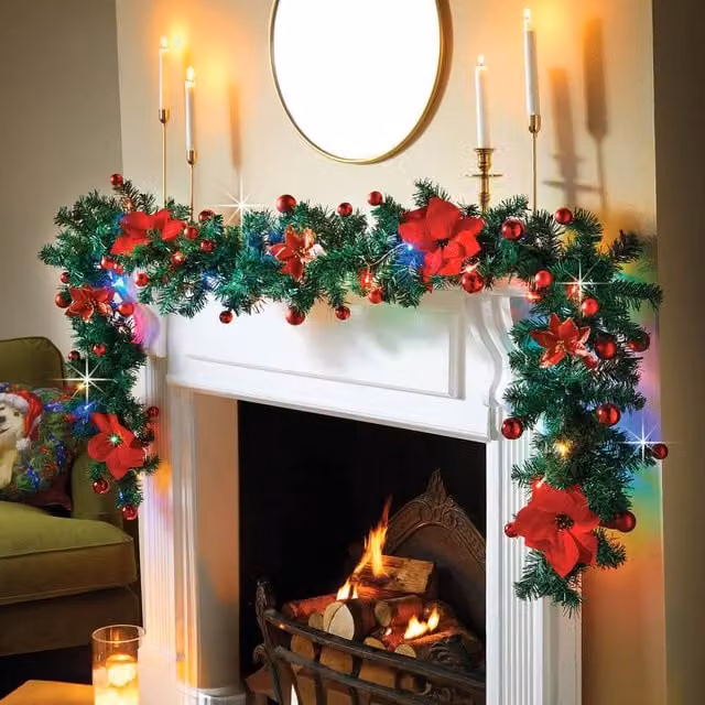 Coopers of Stortford 2.7m Christmas Poinsettia and Bauble Garland with 40 Multi-Colour LEDs